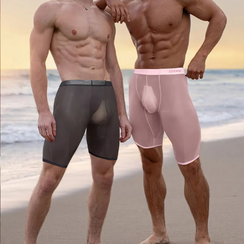 Men's solid colour knitted nylon mesh shorts on a plain background