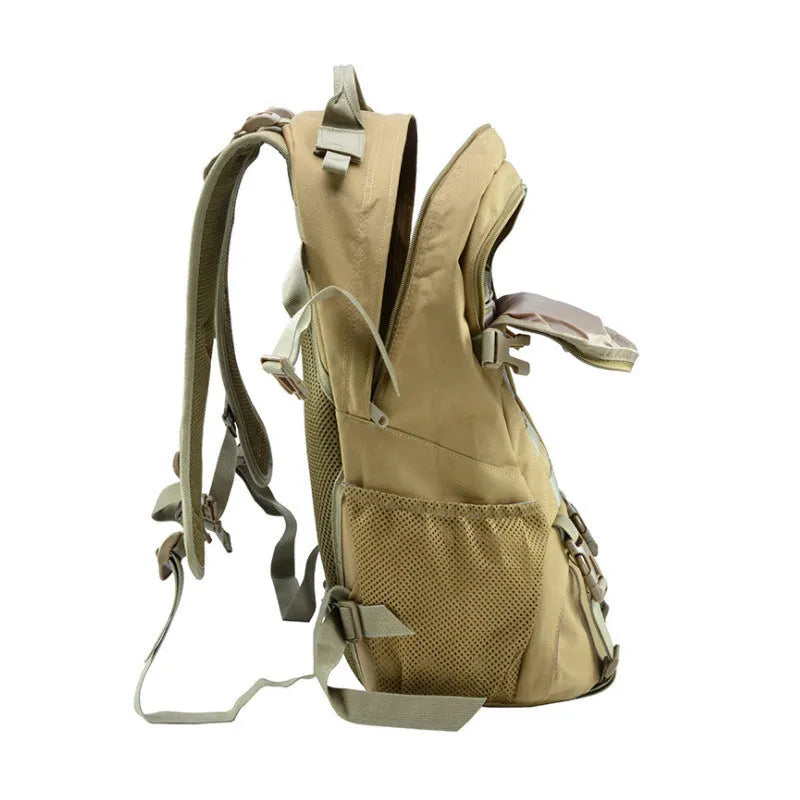 Outdoor mountaineering backpack in Oxford cloth shown in a camouflage colour with air pillow belt system.