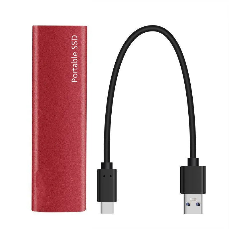 Ultra-thin metal external SSD portable hard drive in red, showing slim profile.