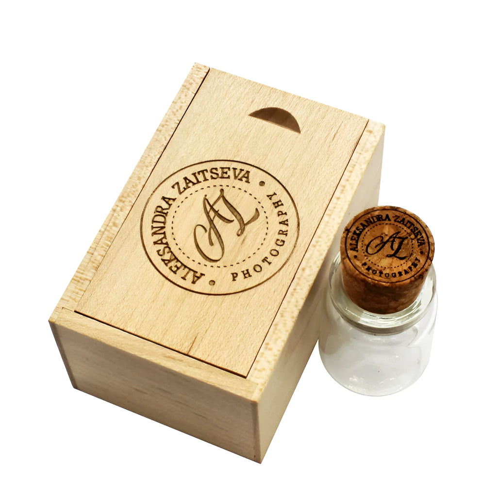 Personalised wooden drift bottle USB flash drive in chocolate brown with custom graphics