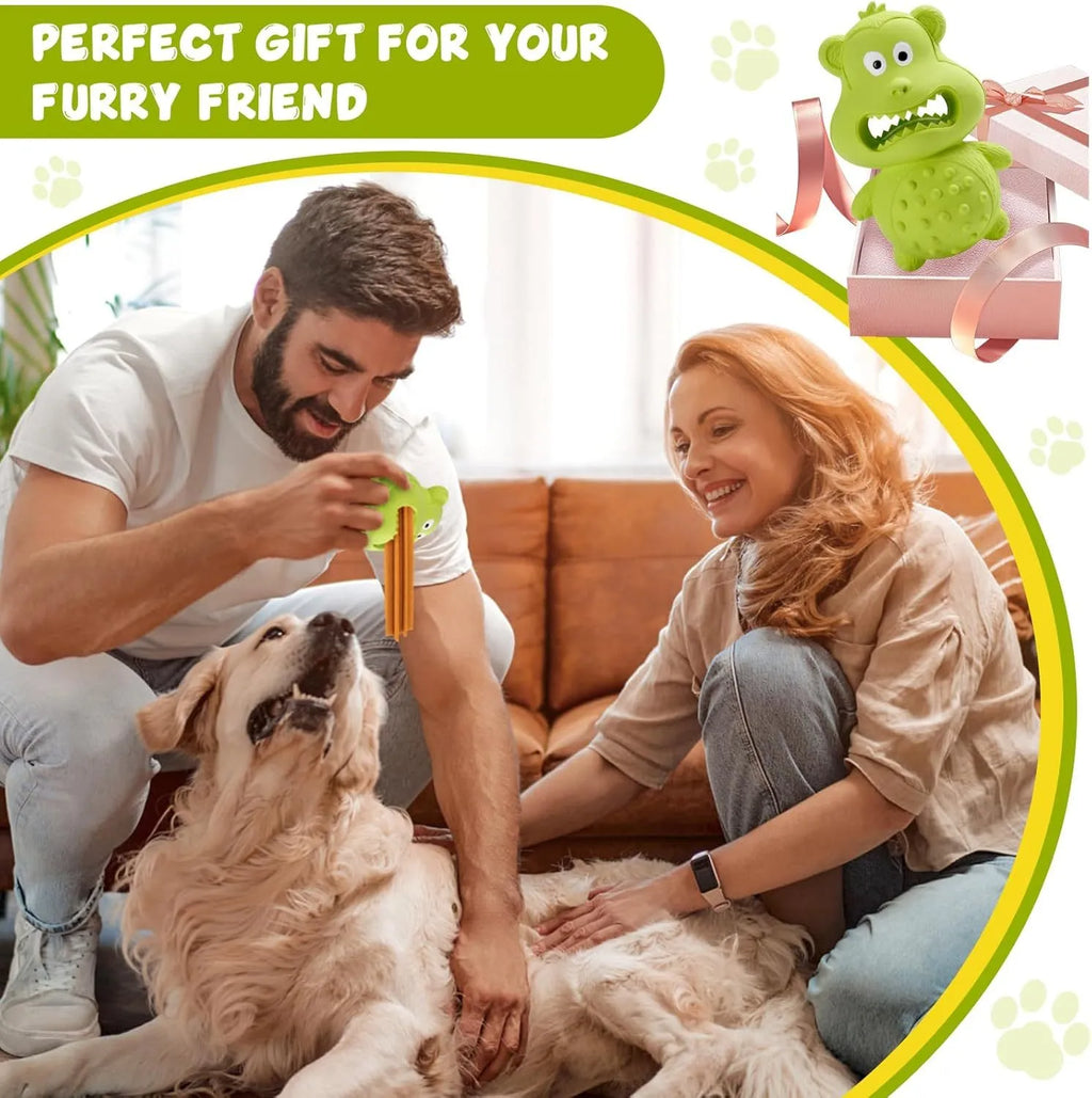 Green and yellow natural rubber squeaky dog toy for aggressive chewers on a white background