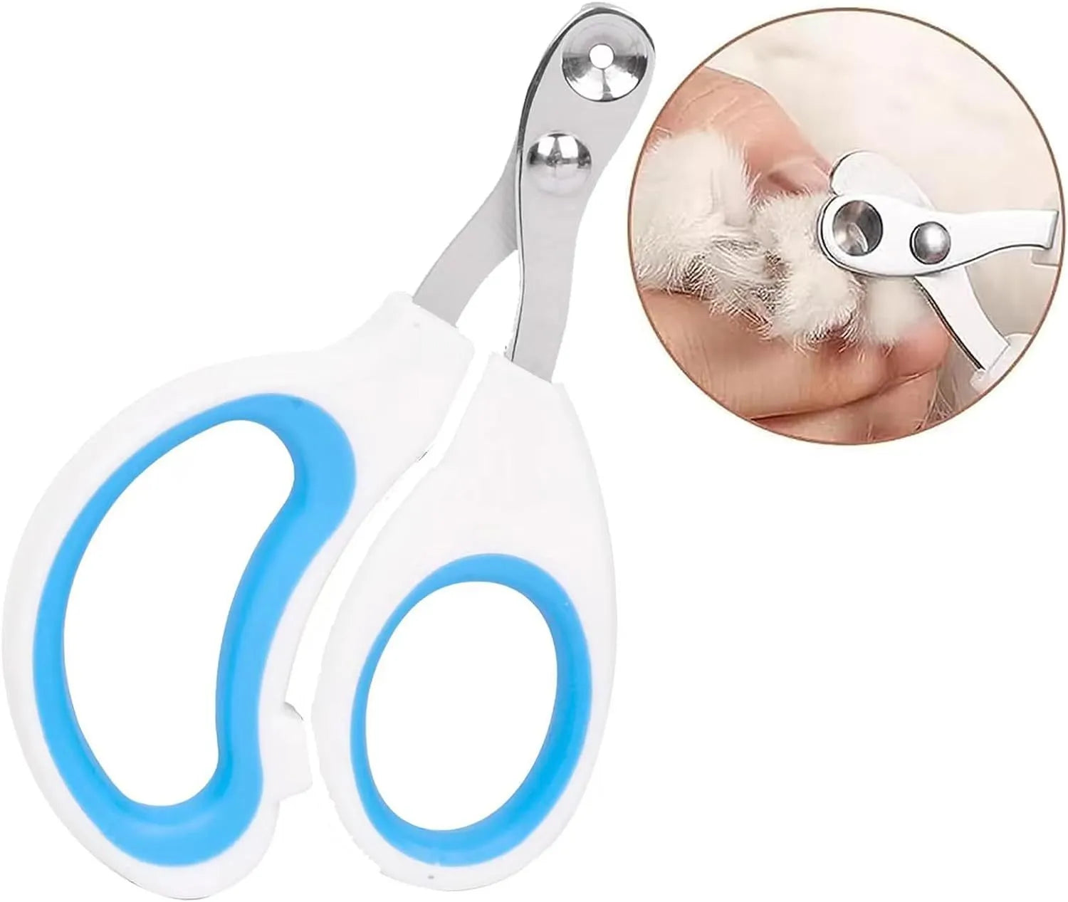 Blue cat nail clippers with a circular guide hole and non-slip handle on a white background.