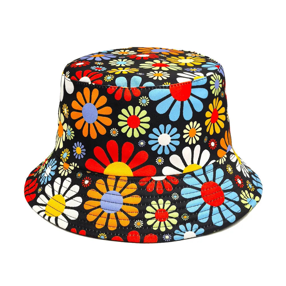 Colourful flowers pattern bucket hat with dome crown in size M for sun protection