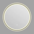 Round black aluminium frame LED bathroom mirror mounted on wall with touch control.