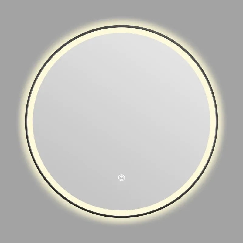 Round black aluminium frame LED bathroom mirror mounted on wall with touch control.