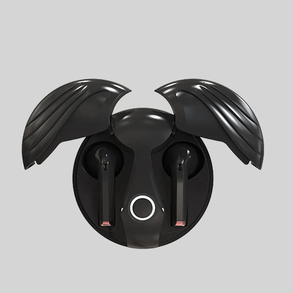 Gaming TWS true wireless Bluetooth headset with noise cancelling in black charging case, side view