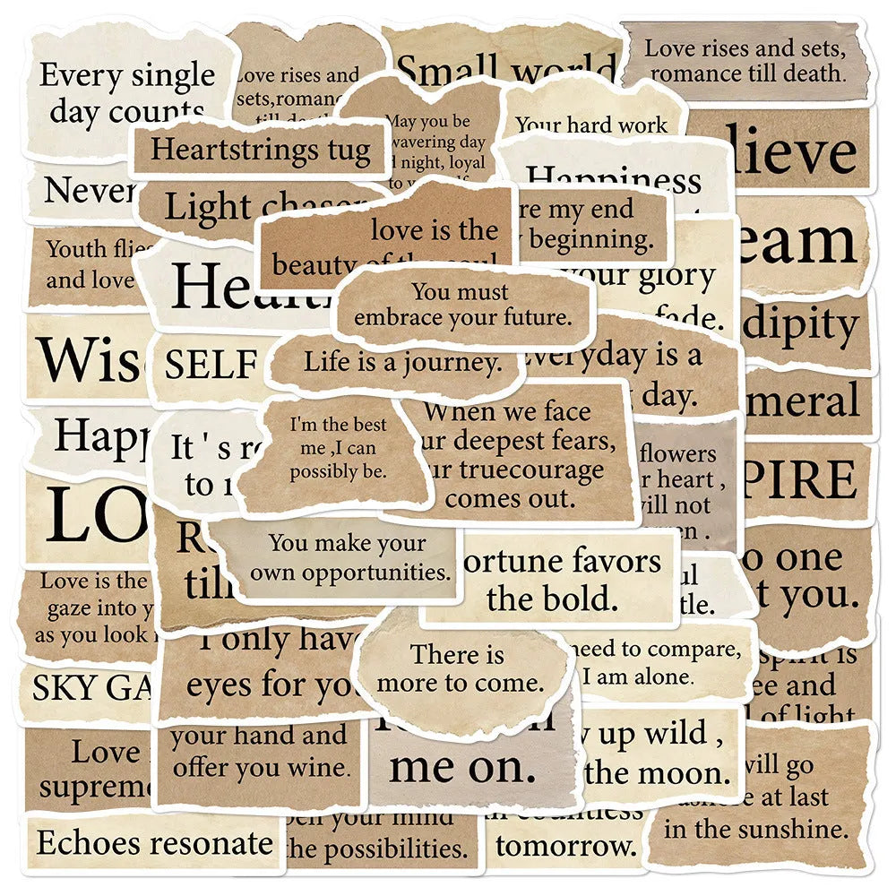 Set of 25 torn paper edge English design repositionable PVC stickers in assorted sizes.