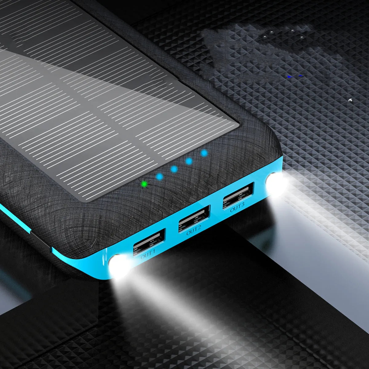 Portable power bank with wireless charging pad and three USB ports in black plastic casing
