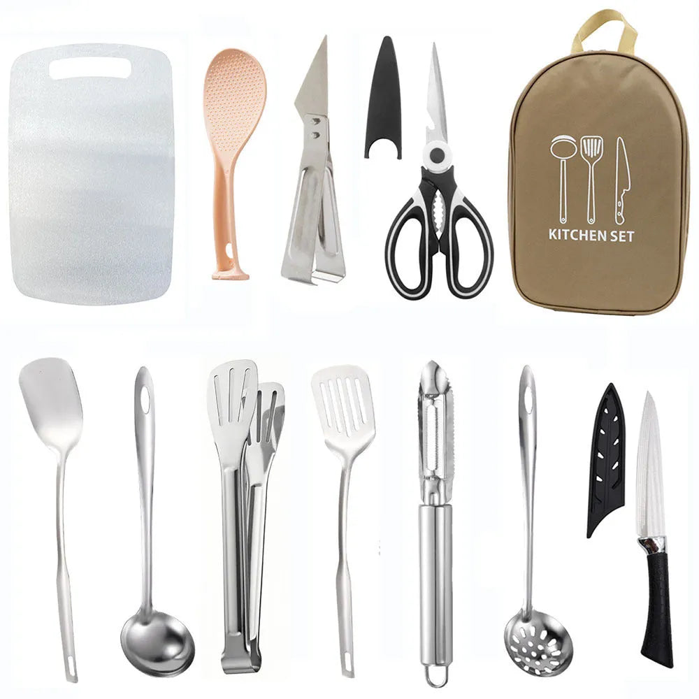 Portable picnic kitchenware storage bag containing 12-piece stainless steel cutlery set