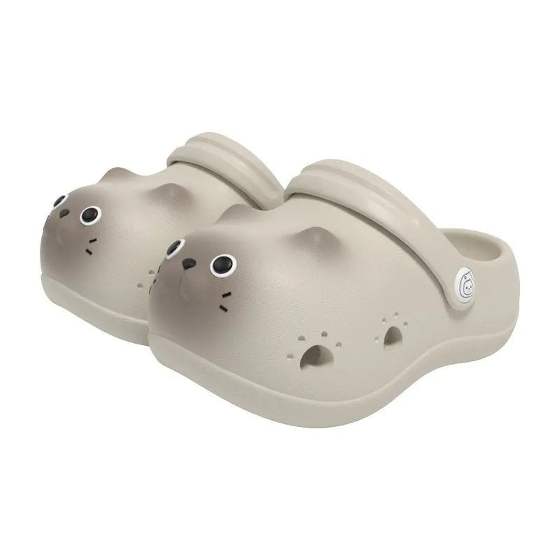 Children's closed toe slippers in grey brown, pink, and yellow, EVA foam, cartoon paradise style, sizes 130 to 180