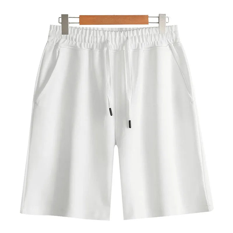 Men's cotton straight leg sports shorts in light grey with elastic waistband