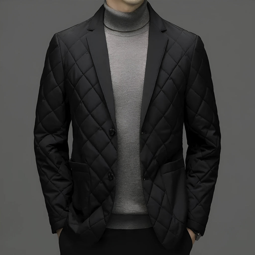 Men's thick winter down jacket with lapel collar in black, dark grey, or shrimp blue colour
