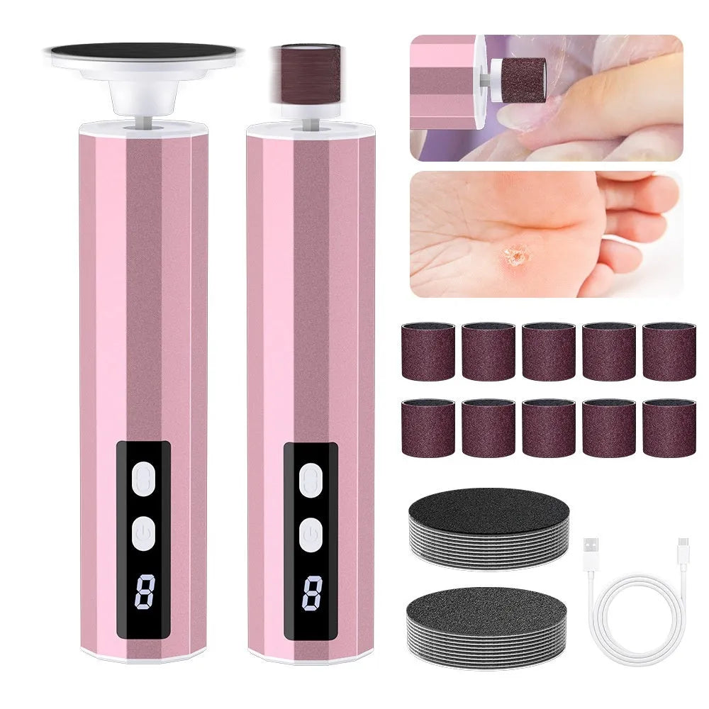 USB-powered electric callus remover foot file with sandpaper discs, in pink, black, or purple colour.