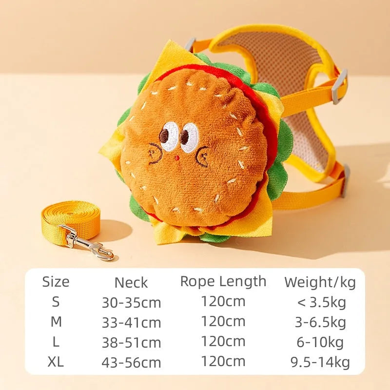 Cartoon hamburger and chips design adjustable escape-proof vest harness and leash set for dogs and cats.