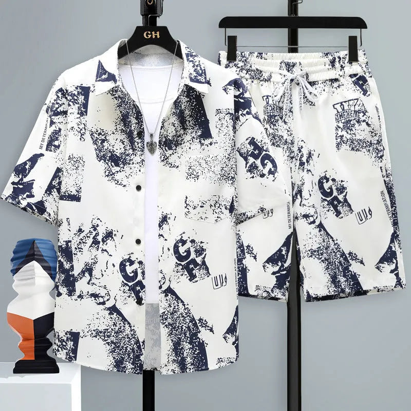 Men's grey casual polyester short sleeve top and matching shorts laid flat.