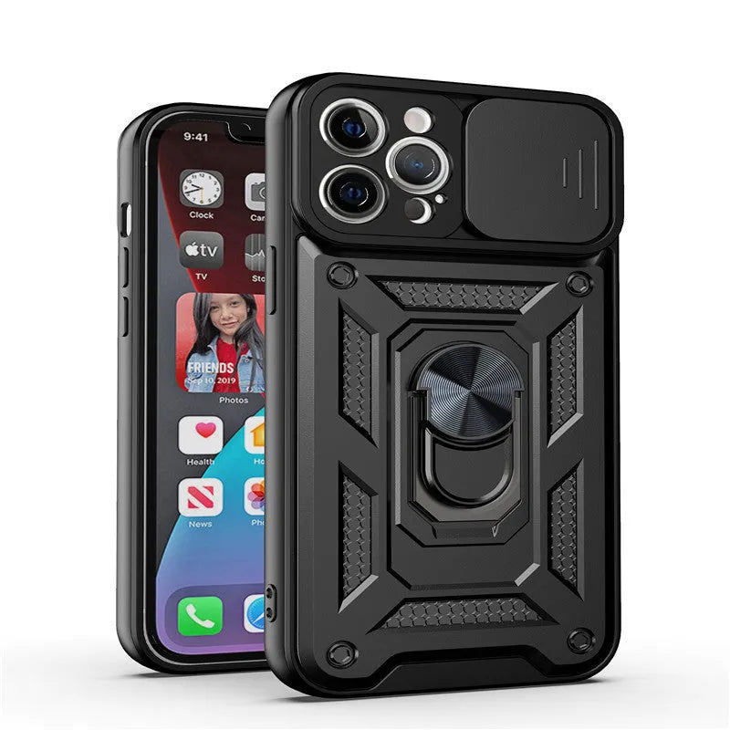 Sergeant sliding window magnetic phone case in blue for iPhone, showing the integrated bracket.