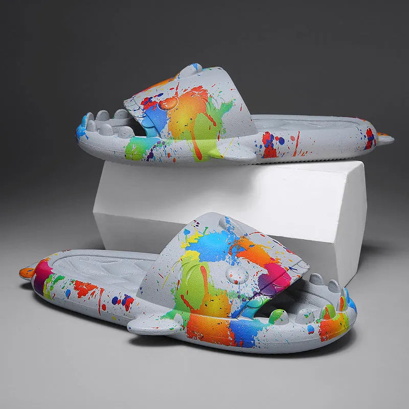 Casual beige and grey shark design EVA open-toe home slippers for men and women.