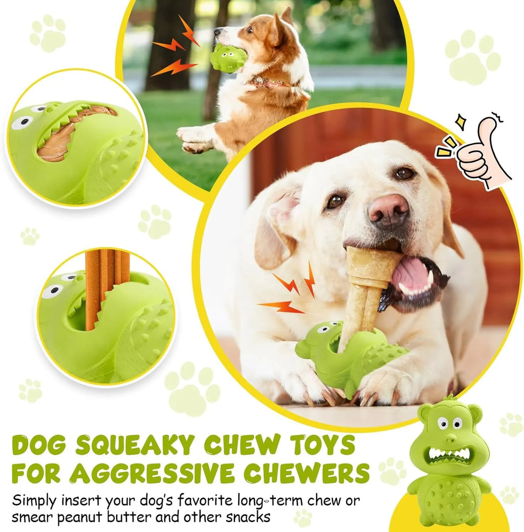 Green and yellow natural rubber squeaky dog toy for aggressive chewers on a white background