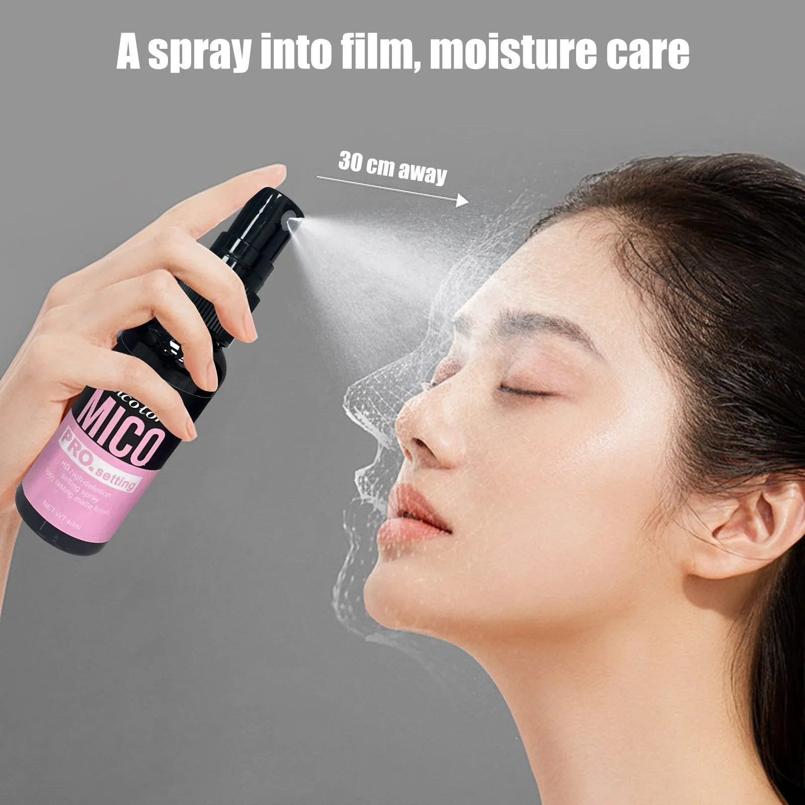 Makeup primer and finishing spray two-in-one product in monochrome packaging
