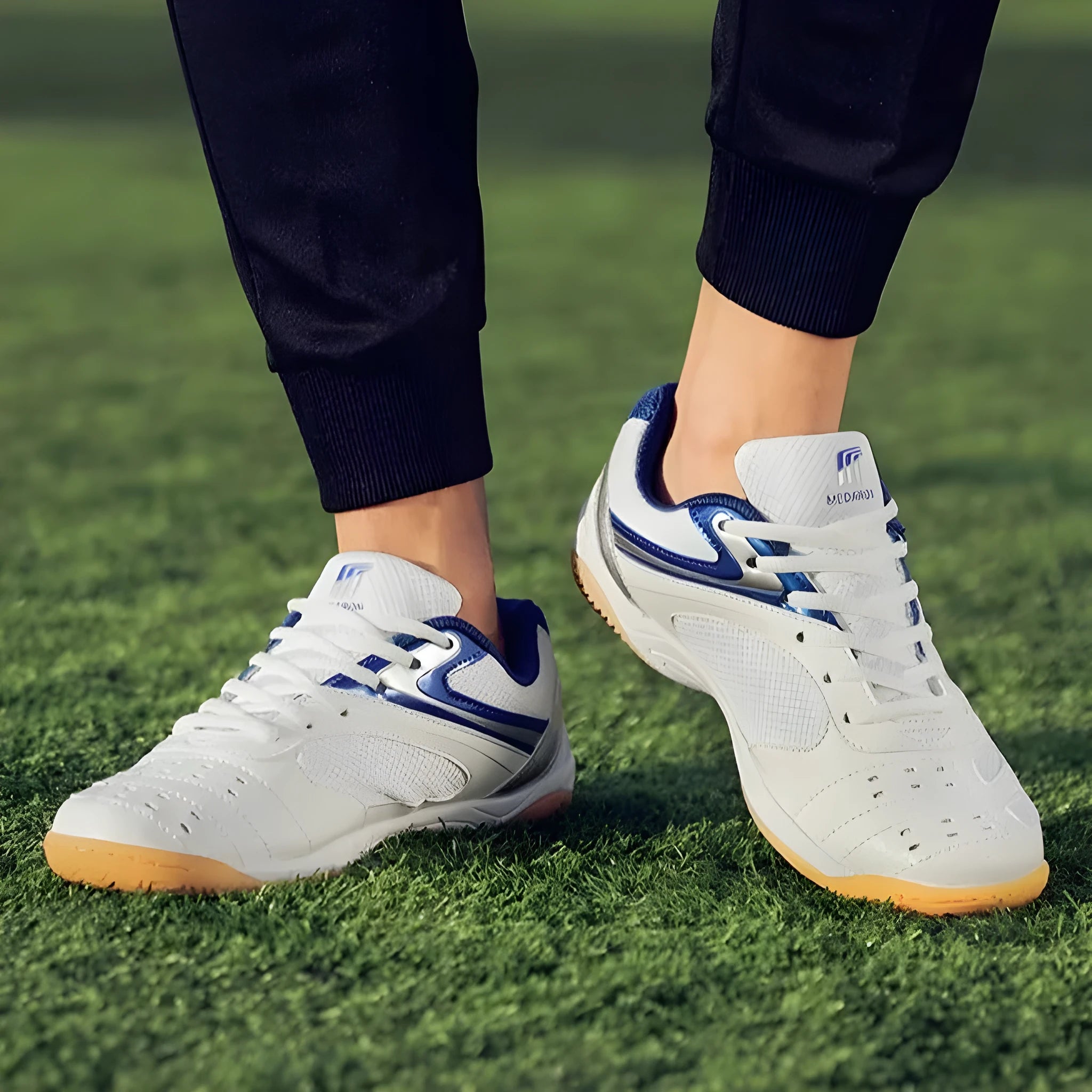 Mesh table tennis sneakers 615 white blue with synthetic leather upper and rubber outsole