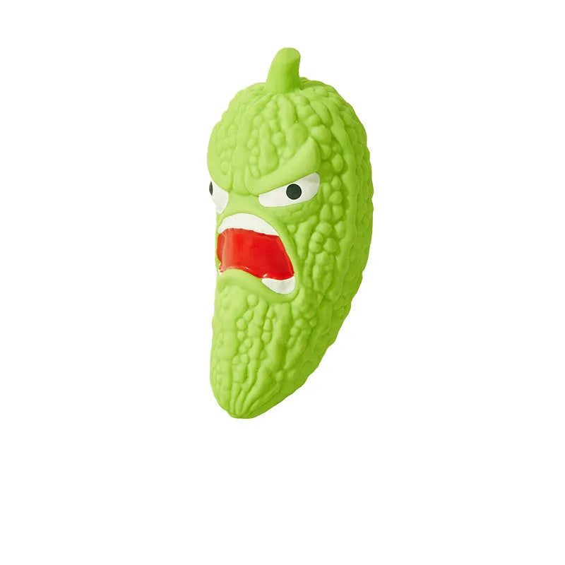 Bitter melon and chilli shaped dog toy with textured teeth cleaning surfaces and sound effects