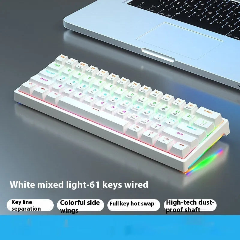 Bluish-black 61-key mechanical keyboard with wired USB cable on desktop