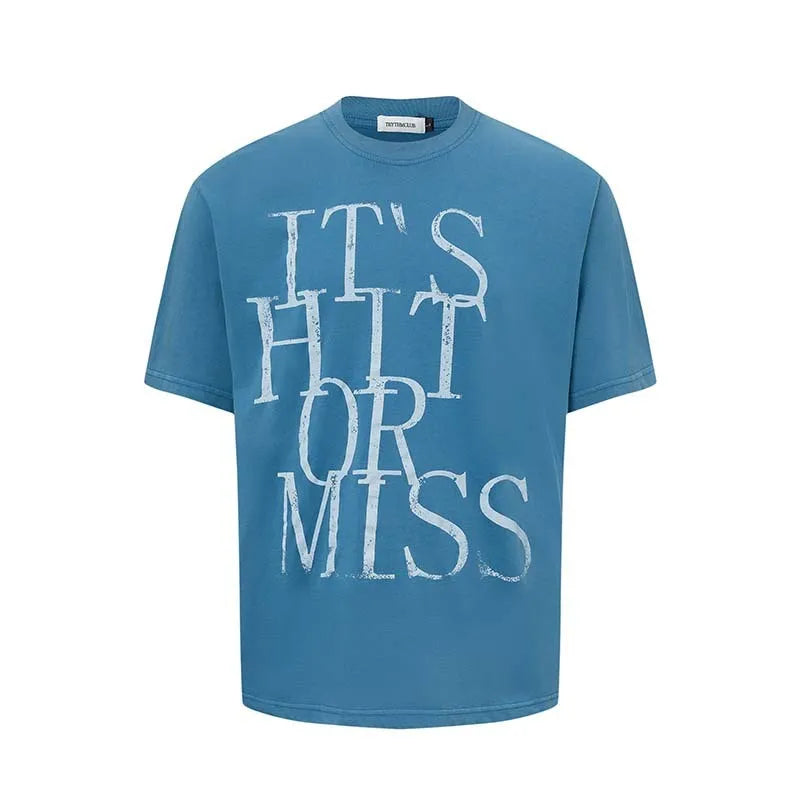 Men's blue American Retro letter printed loose fit cotton blend T-shirt