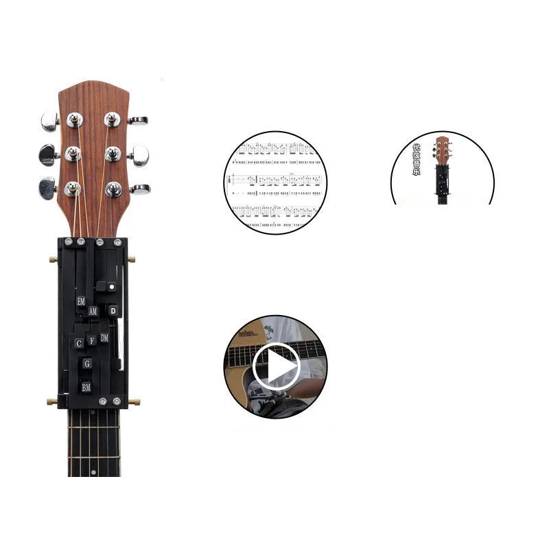 Automatic guitar chord device for beginners clamped on acoustic guitar neck