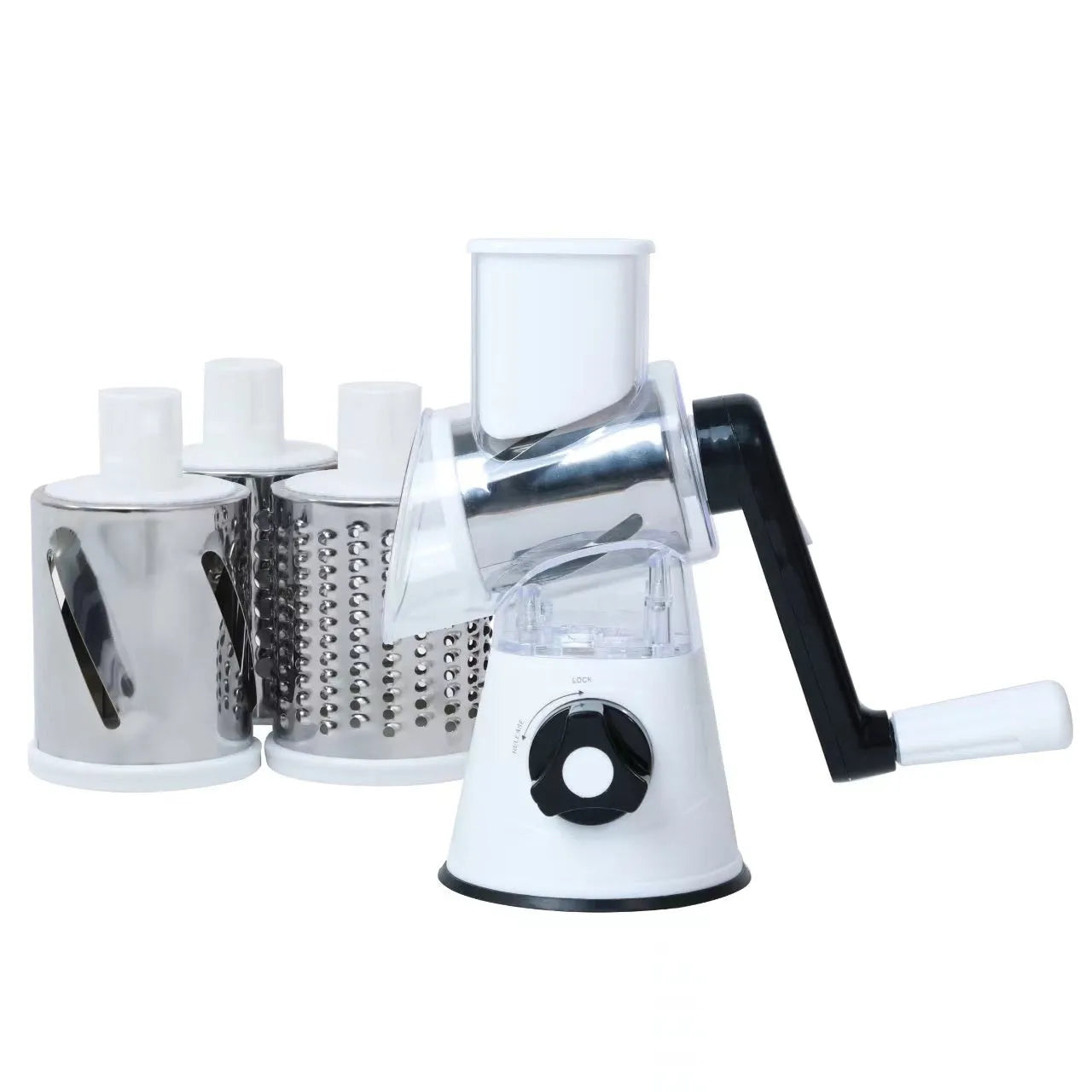 Blue multi-function vegetable chopper with suction cup base for slicing dicing and grating.