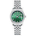 Women's silver calendar watch with circular 32mm dial and stainless steel folding buckle