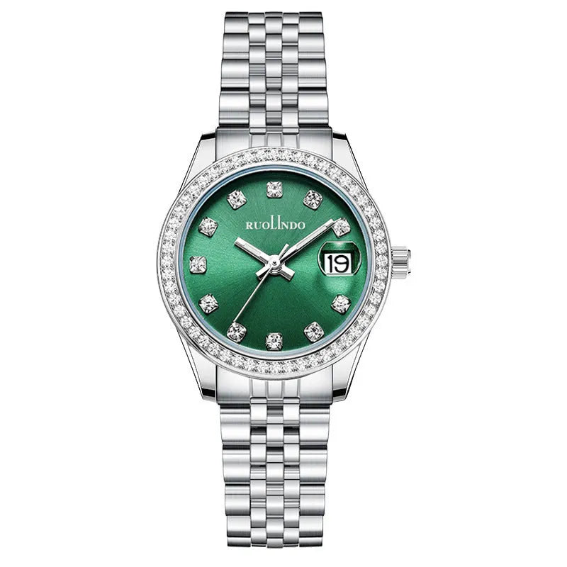 Women's silver calendar watch with circular 32mm dial and stainless steel folding buckle