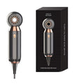 Compact white hair dryer with diffuser accessory, measuring 20cm long with safety plug