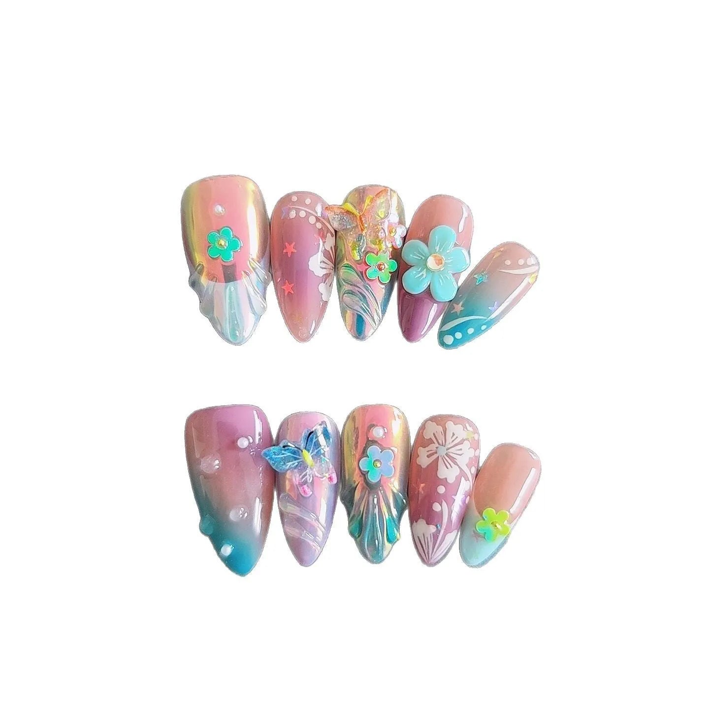 Handmade colourful butterfly wear manicure sculpture with floral patterns and embossed details
