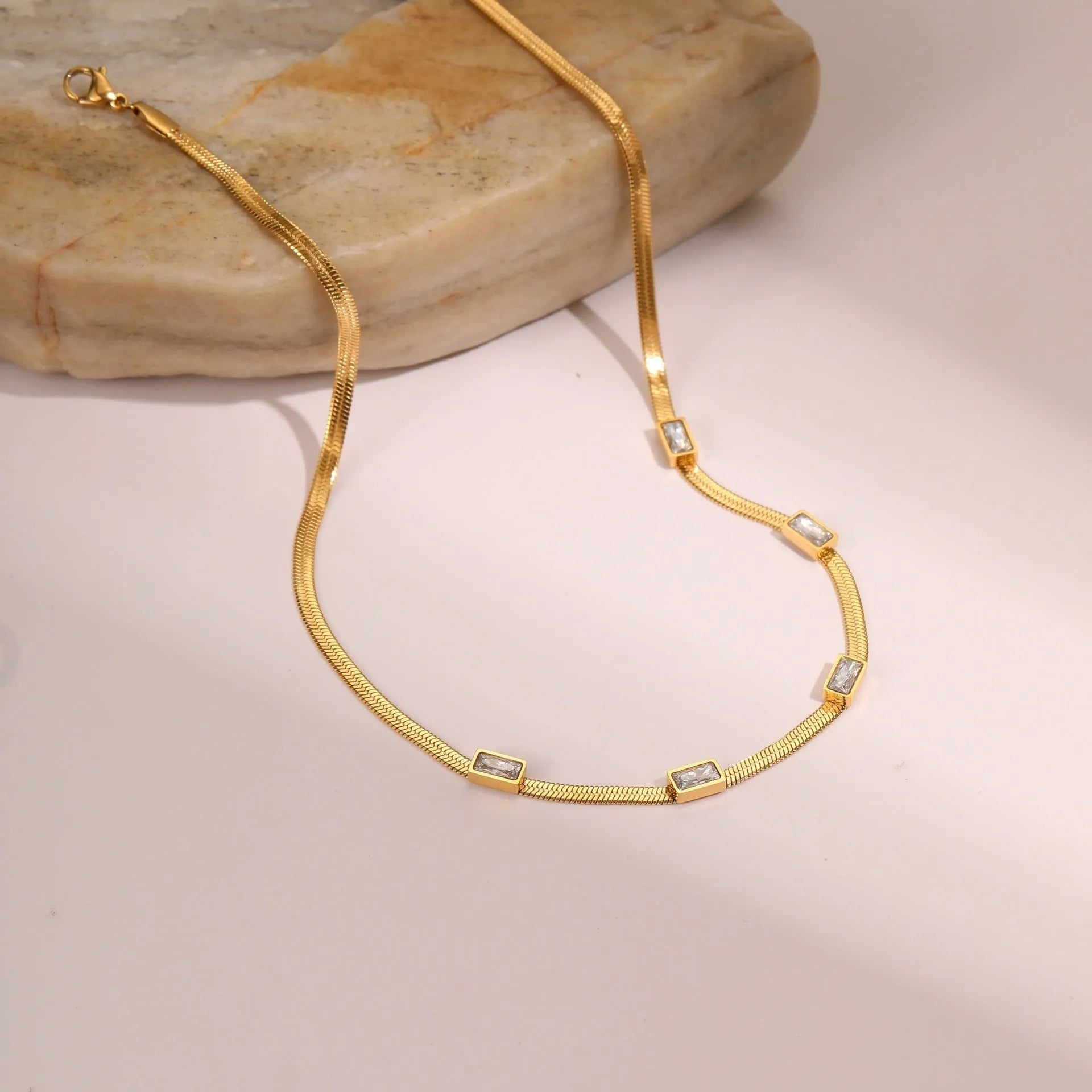 Geometric square zircon necklace on stainless steel chain with 18K gold plating