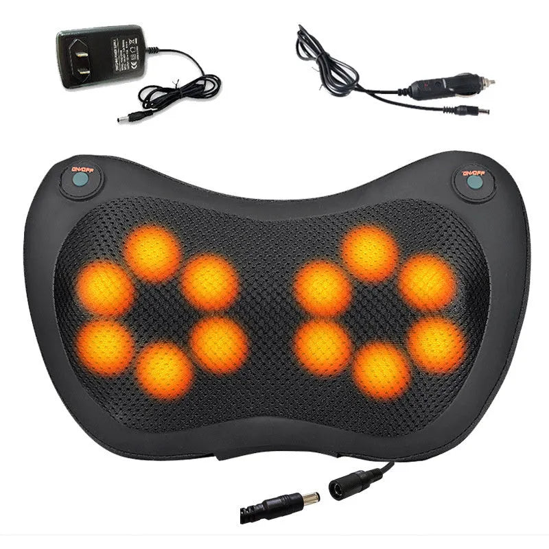 Electric infrared kneading massage pillow in black PU leather with control buttons and adjustable fixing strap for car seat use