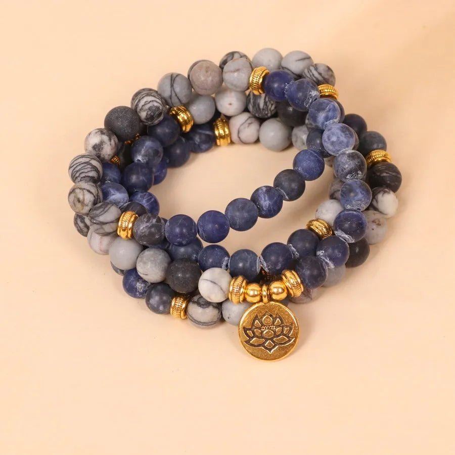 Blue patterned network stone beads on multi-layer alloy bracelet with fresh sweet style