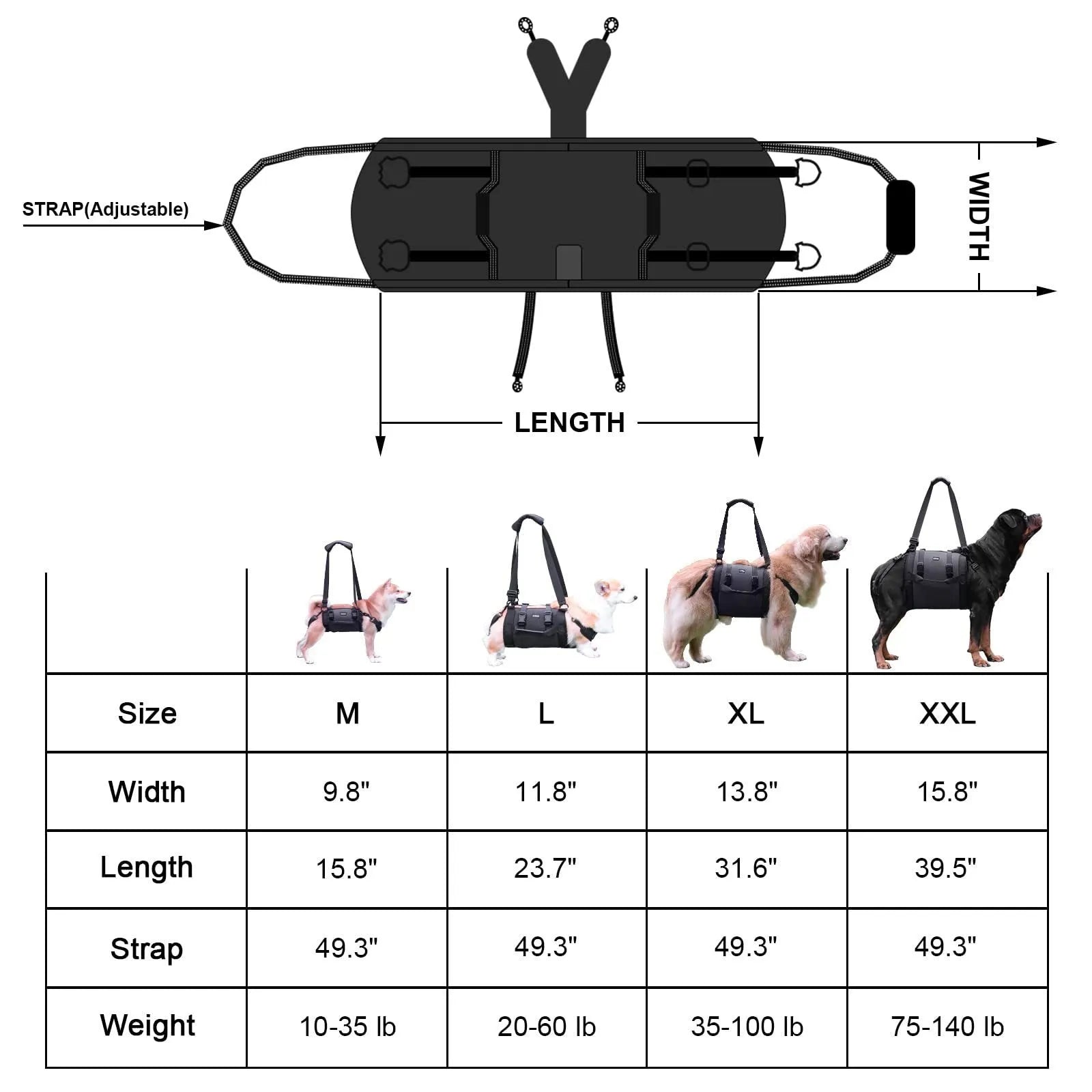 Black Oxford cloth dog harness with leg support and breast strap on medium-sized dog