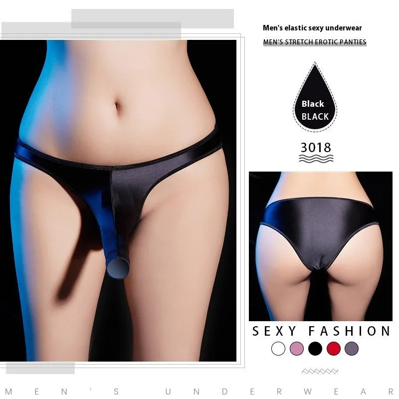 Men's shiny nylon low waist T-back underwear on white background