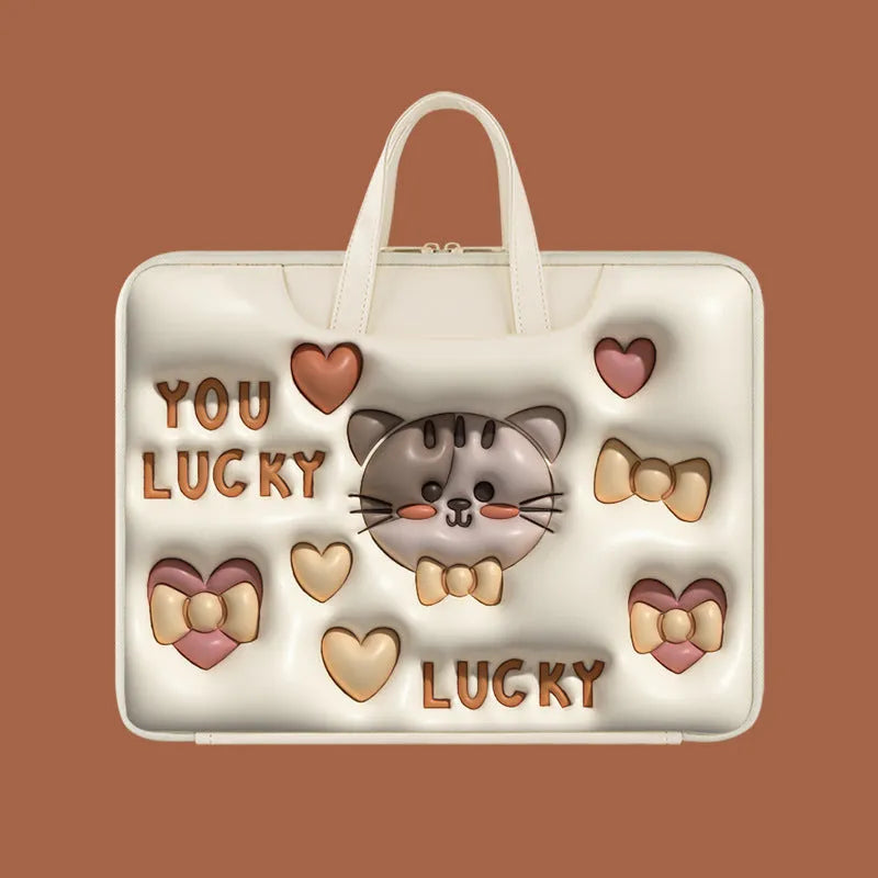 Inflatable PU leather laptop bag with hanging handle in panda pattern design for 15-inch laptops