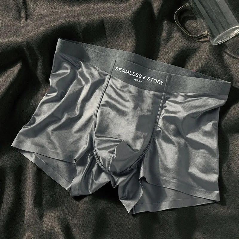 Men's ice silk satin underwear in mid waist traceless design, shown in coffee colour.