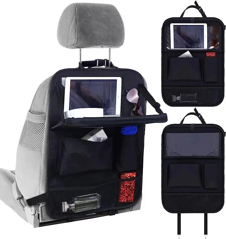 Black Oxford cloth car seat back hanging storage bag measuring 42x30cm with multifunction pocket design