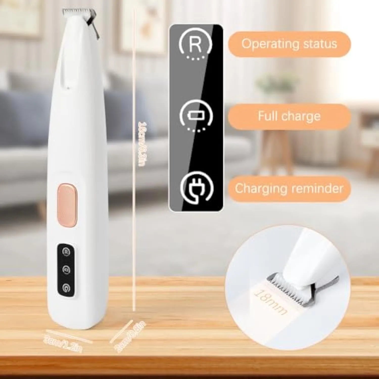 White rechargeable electric dog paw trimmer with LED light on a compact, low-noise grooming clipper.