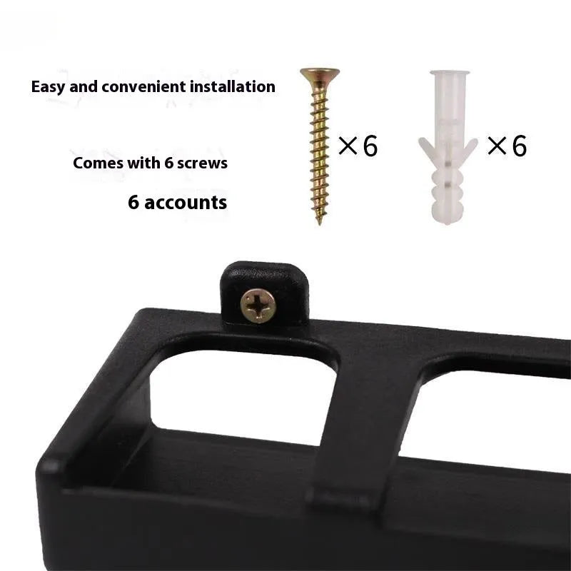 Black ABS plastic wall-mounted fishing rod holder in horizontal and upright styles.
