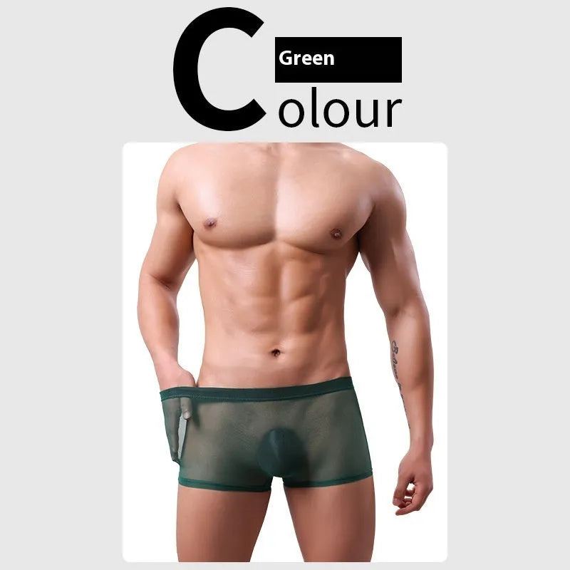 Men's thin sheer mesh boxer briefs in multiple colours on a size chart.