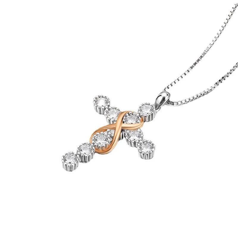 Women's faith cross 8 diamond pendant necklace in photo colour, alloy box chain, adjustable 21-50 cm