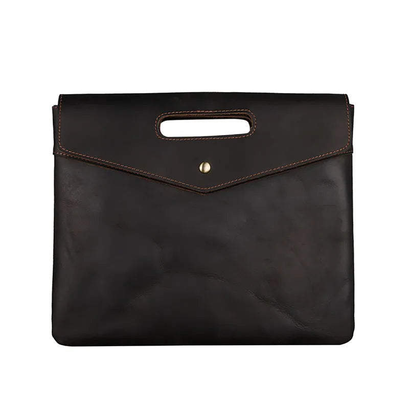 Genuine leather men's vintage business briefcase in brown envelope shape with wrapped closure