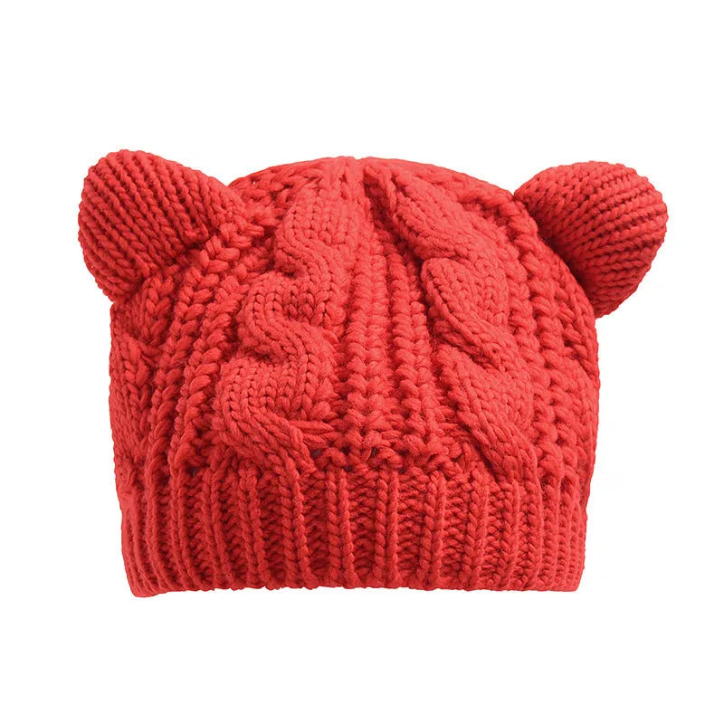 Hand-knitted wool beanie with 3D cat ears in multiple colour options