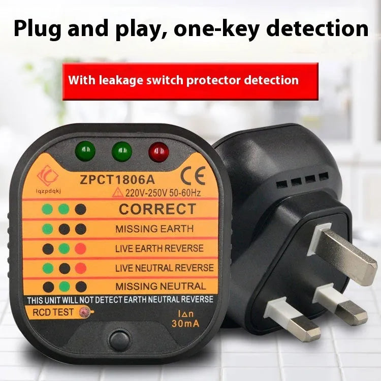 Black socket tester with LED indicators and UK EU US plug options for polarity ground line detection