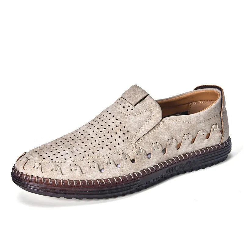 Men's brown casual slip-on shoes with round toe and flat PU leather upper.