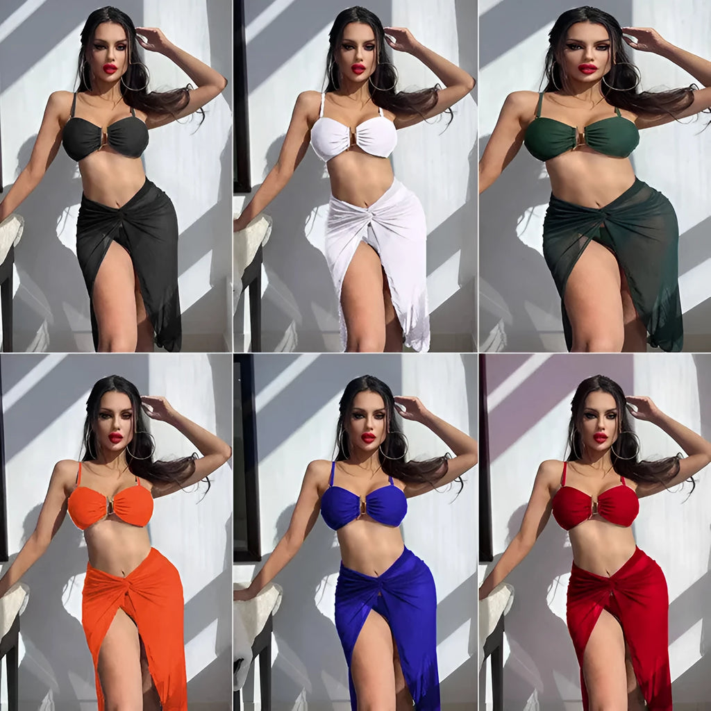 Women's multicolour bikini three-piece set with culotte skirt in French style
